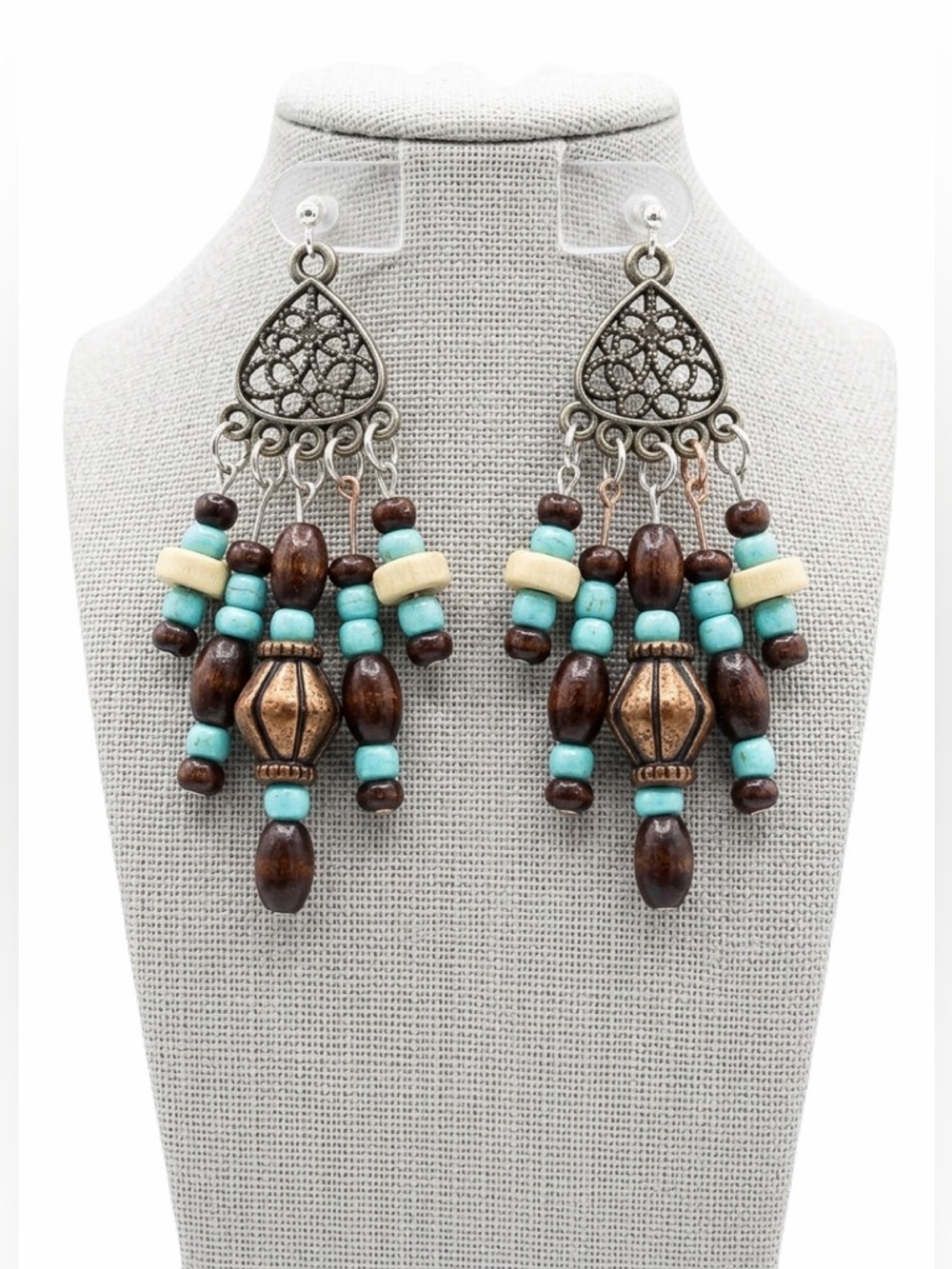 New Handmade S925 Sterling Silver Stamped Turquoise Wood Dangle Earrings